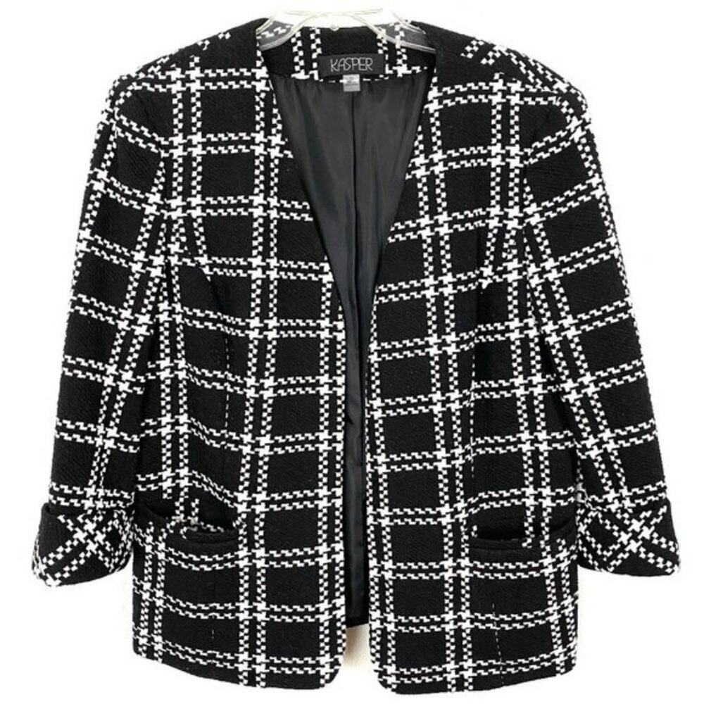 Kasper Plaid Open-Front Jacket 3/4-Sleeve Black/White Size 14 NWT